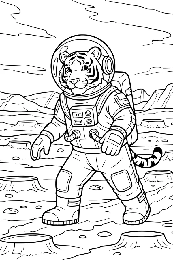Tiger Astronaut Strolls on a Faraway Planet