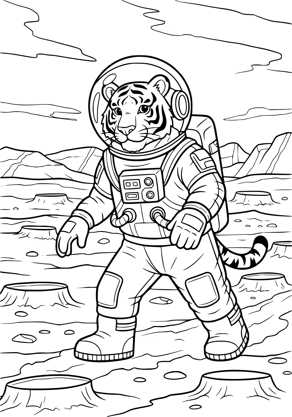 Tiger in an astronaut suit walking on a cratered, rocky planet with mountains and clouds in the background.