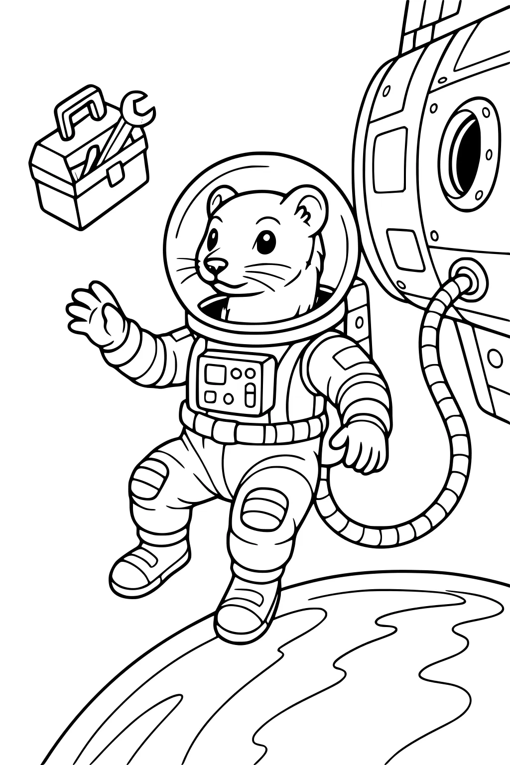 Weasel wearing an astronaut suit waves while floating in space near a toolbox and a space station above Earth.