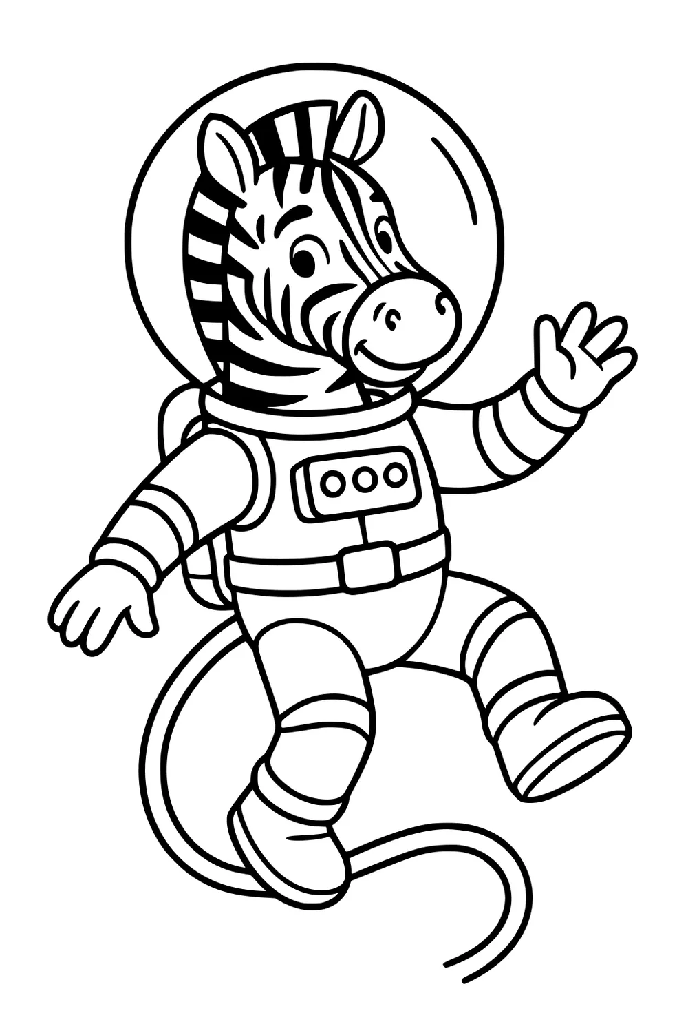 Smiling zebra astronaut floats, waving, in a spacesuit with helmet, chest panel, backpack, boots, and a curled safety tether.