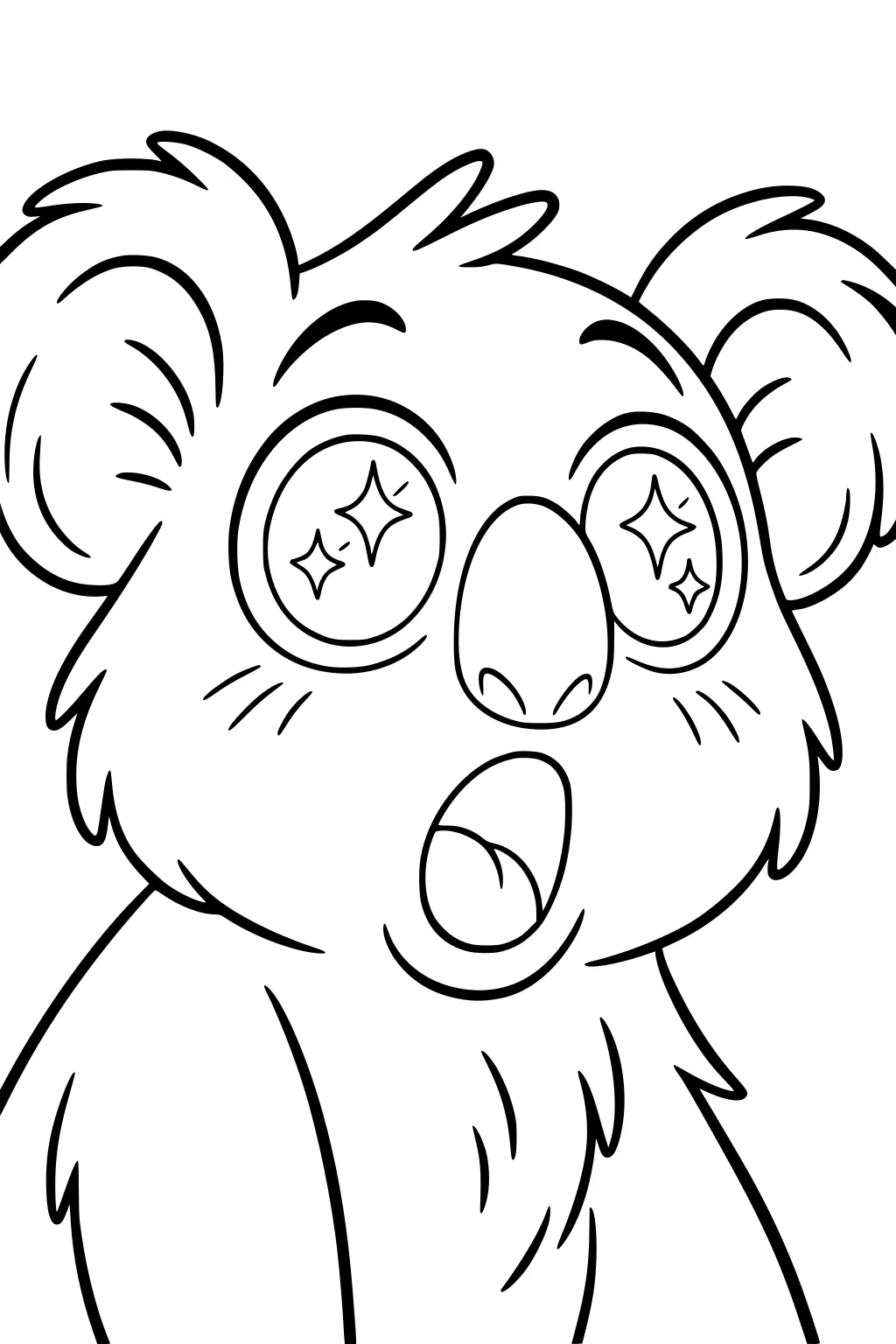 Surprised koala boy with wide sparkling eyes and open mouth, fluffy ears, and soft tufted fur.