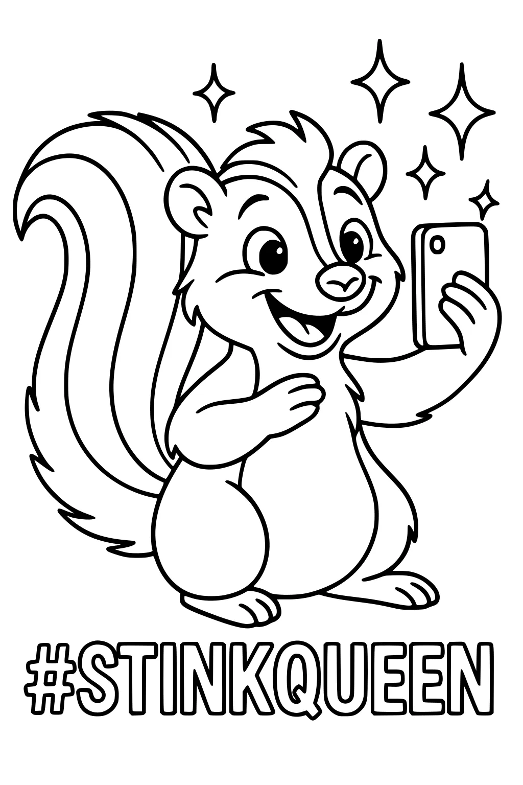 Happy cartoon skunk girl takes a selfie with her phone. Sparkles float around her. Large tail and #STINKQUEEN text below.
