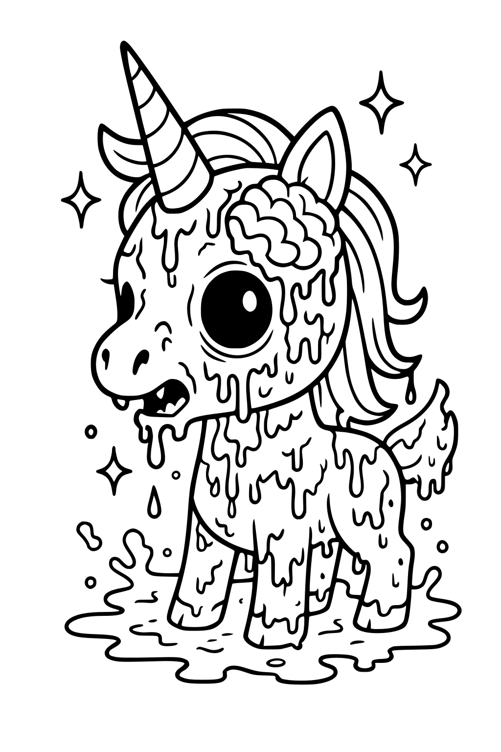 Cartoon zombie unicorn with striped horn, big eyes, exposed brain, and dripping slime, standing in a puddle with sparkles around.