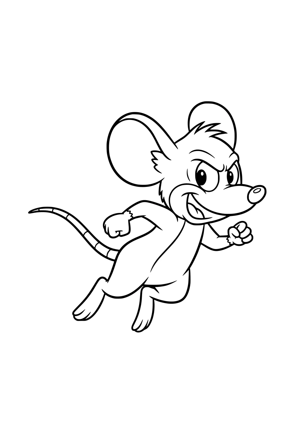 Cartoon mouse running energetically with large round ears, striped tail, and fists outstretched in a playful pose.