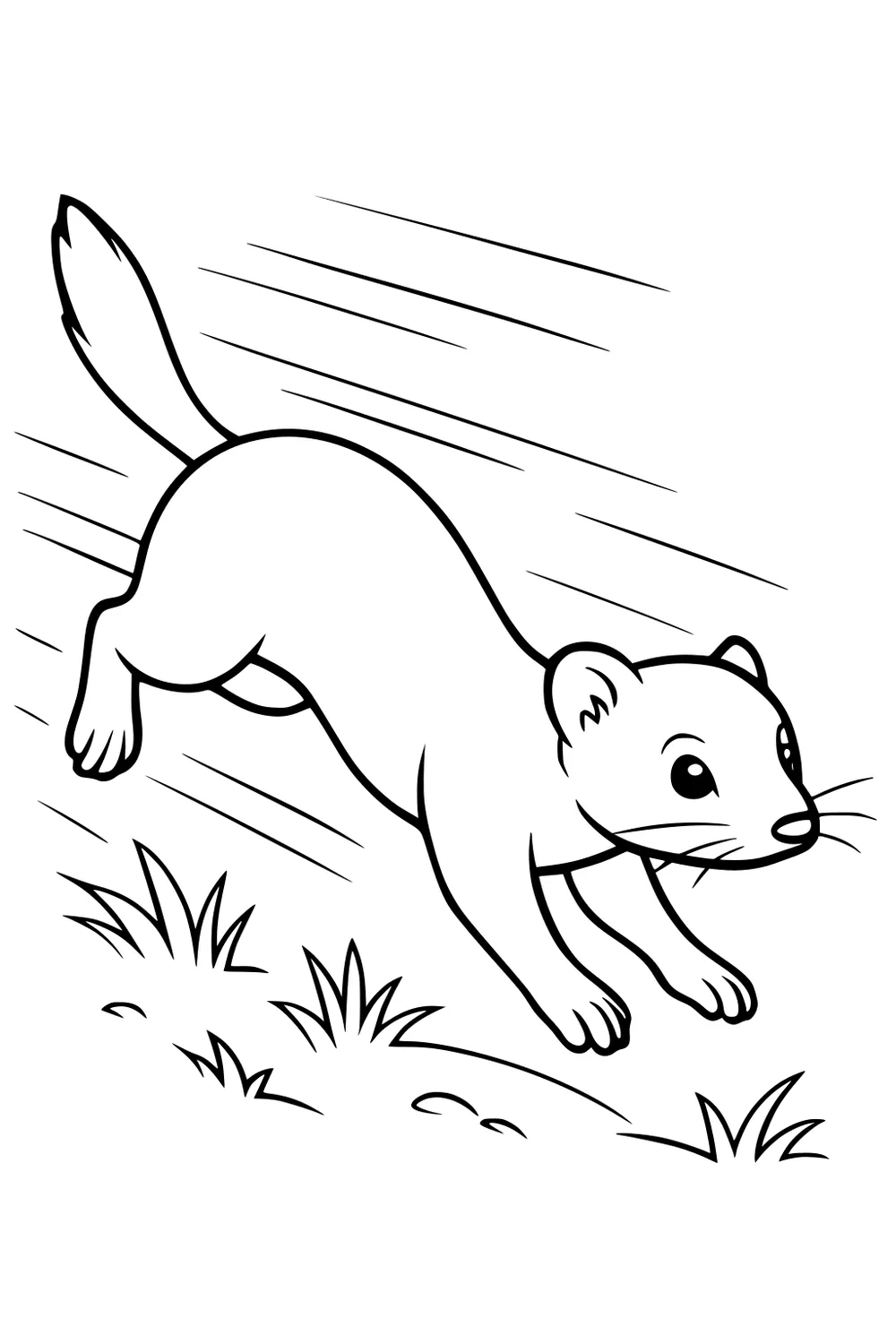 Weasel running fast over grassy ground with motion lines showing speed, tail outstretched, big eyes, and visible whiskers.
