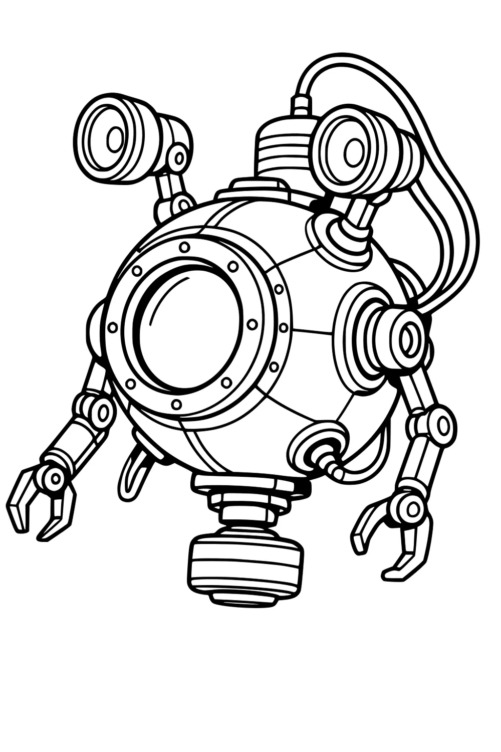 Round robot with a large porthole eye, top cables, three claw arms, and a bottom thruster, outlined for kids to color.