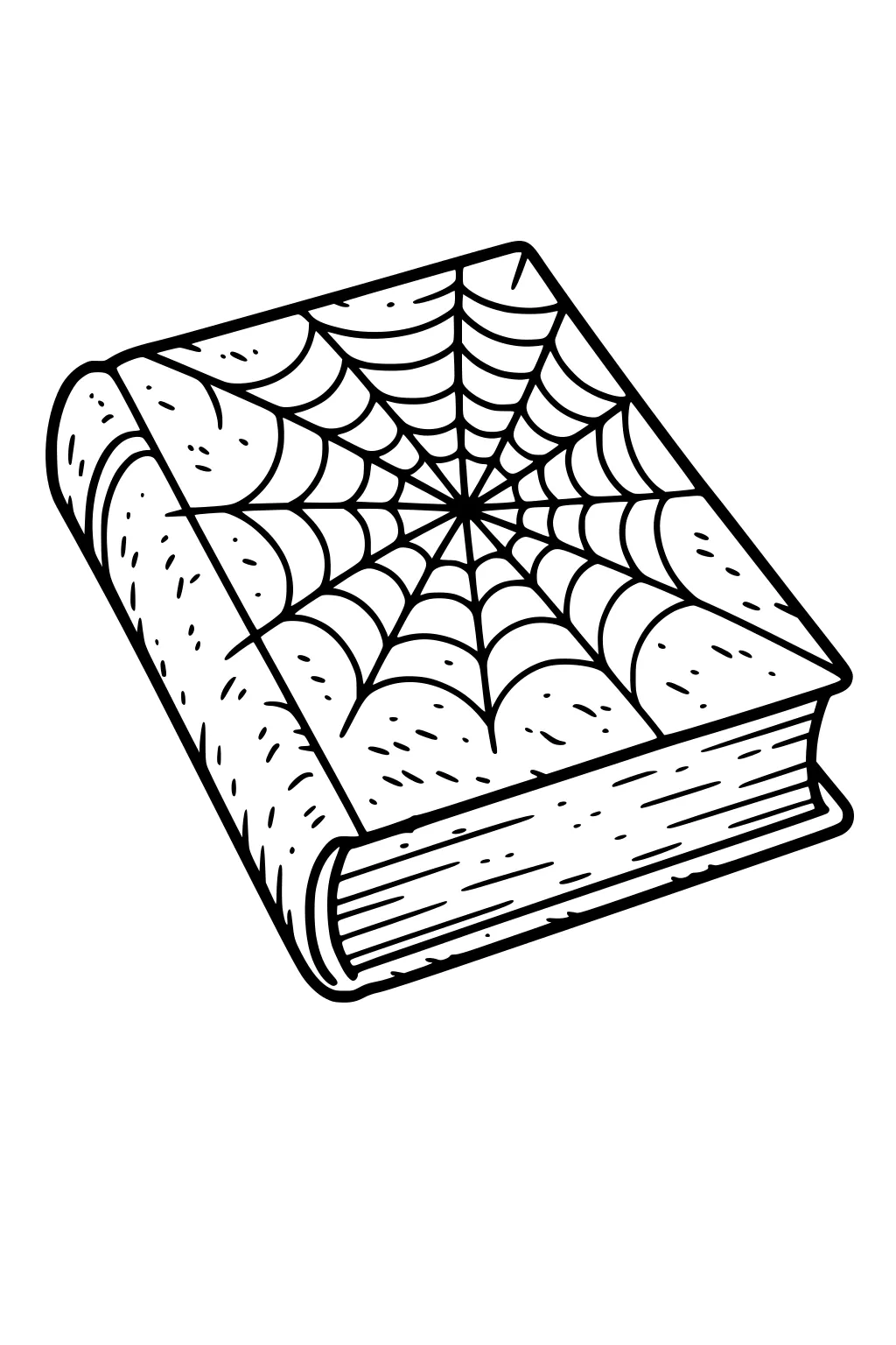 Thick book with a large spiderweb on the cover, curved spine, and visible page edges in simple Halloween line art.