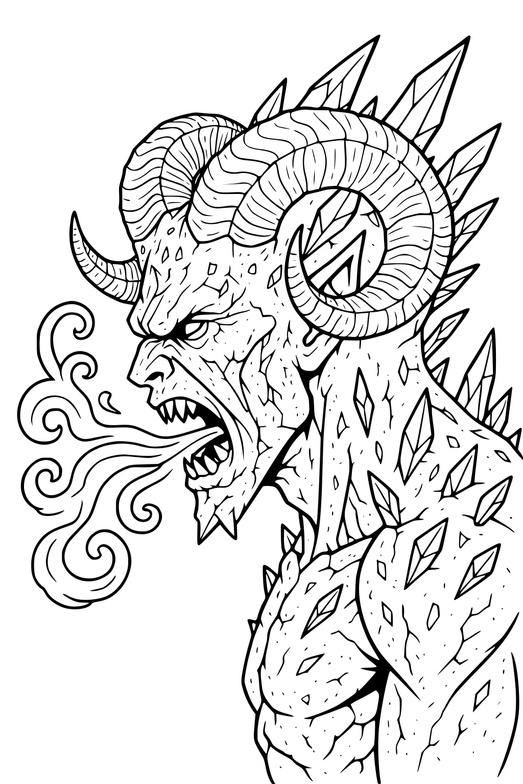 Profile of horned demon blowing swirling breath, with crystal spikes on back and rough skin in black-and-white line art.