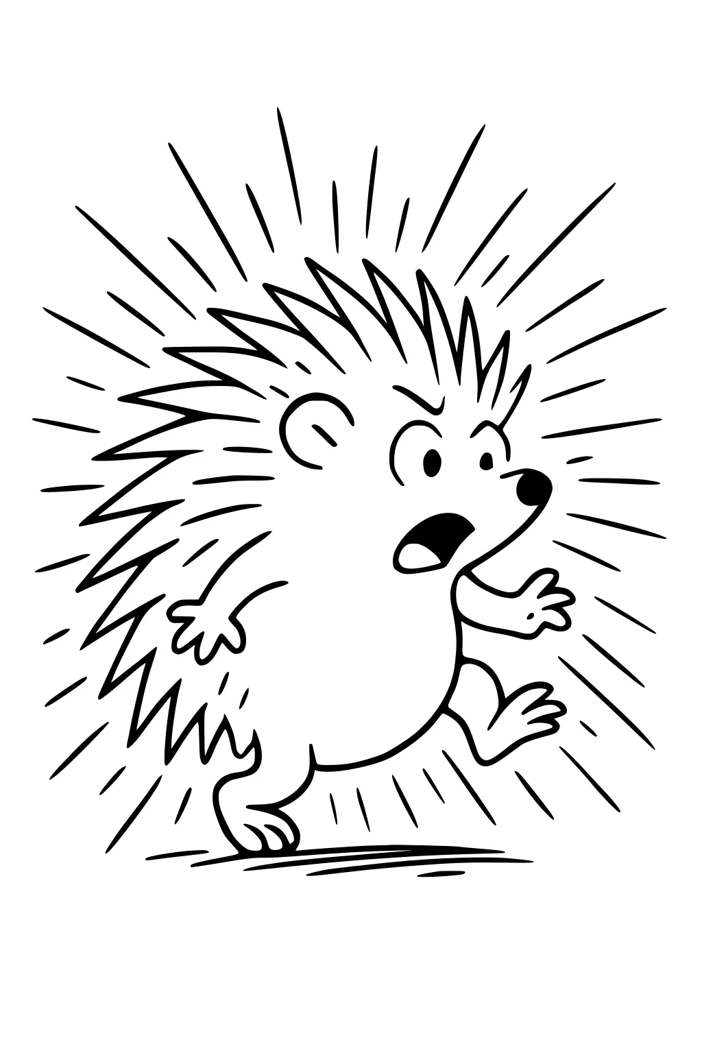 Cartoon hedgehog with spiky quills and a surprised face, running with lines radiating outward.