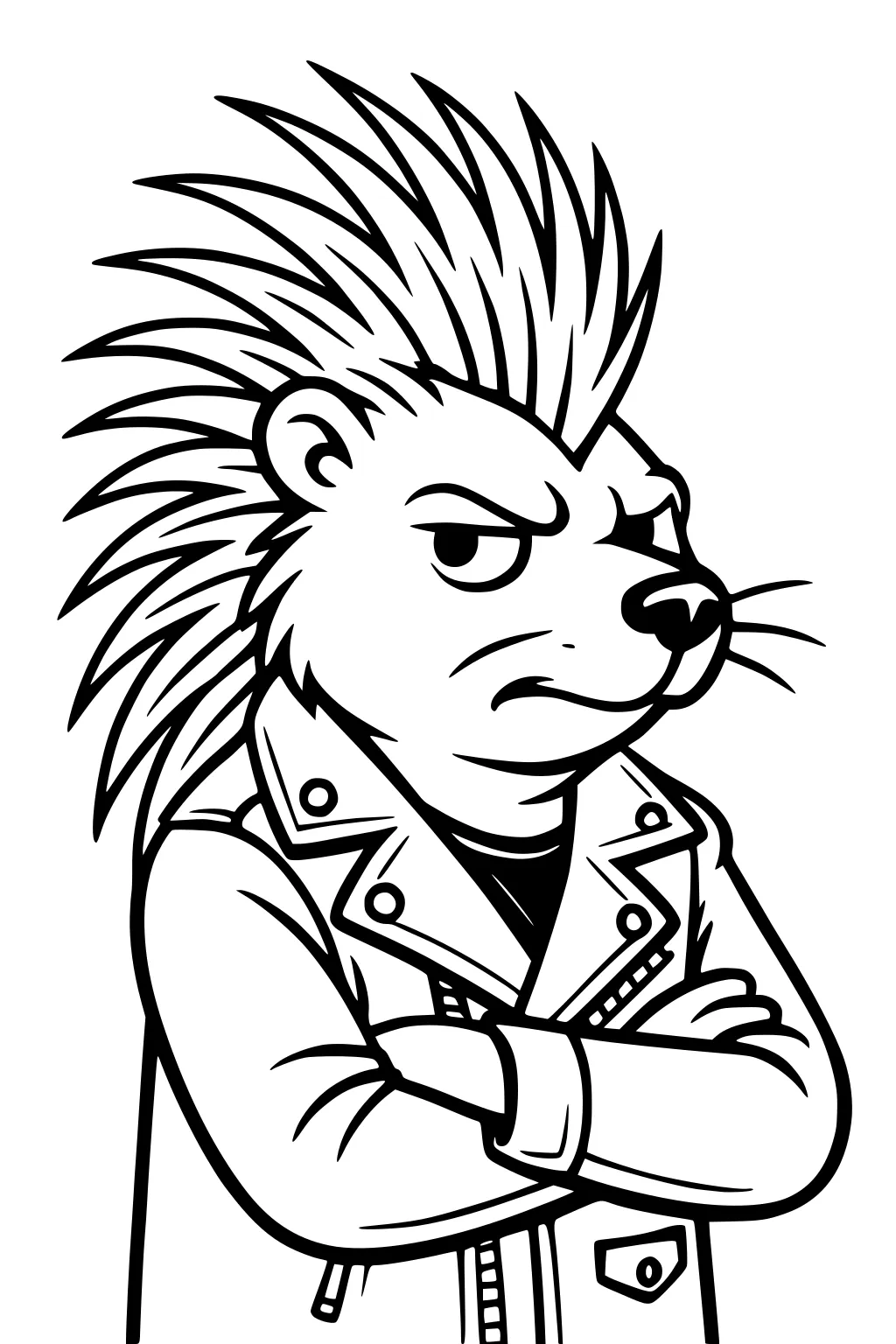 Porcupine with spiky quills, frowning, crossing arms, and wearing a leather jacket with visible buttons and zippers.