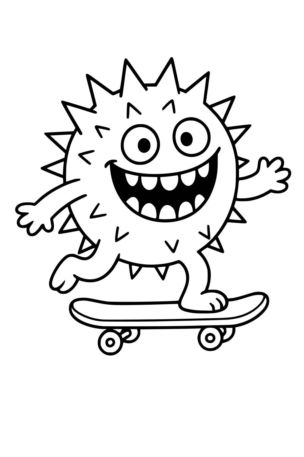 Round spiky monster with big eyes and a wide grin rides a skateboard, one hand waving, bold simple outline with open background.