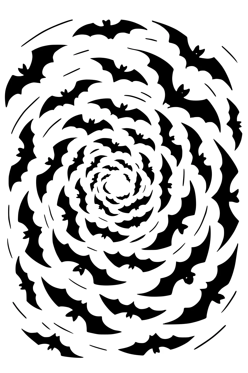 Spiral pattern of black bat silhouettes with curved motion lines filling the page.