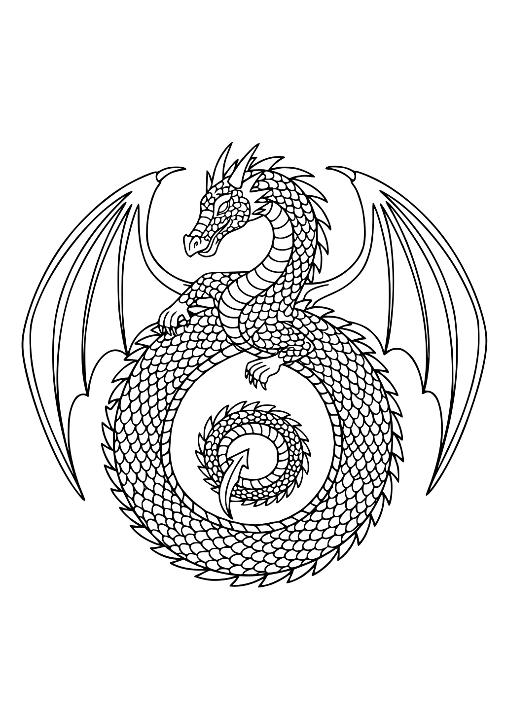 Coiled dragon with spread wings, detailed scales, horns, and a spiral tail forming a circle.