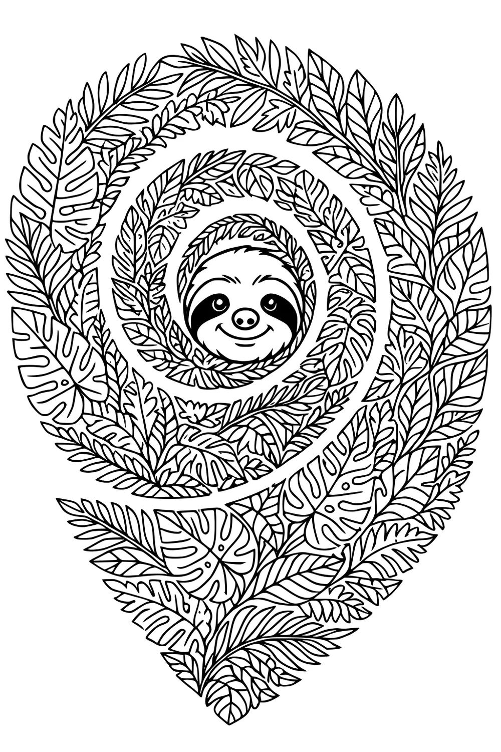 A sloth face smiles from the middle of layered swirling jungle leaves in a spiral pattern.