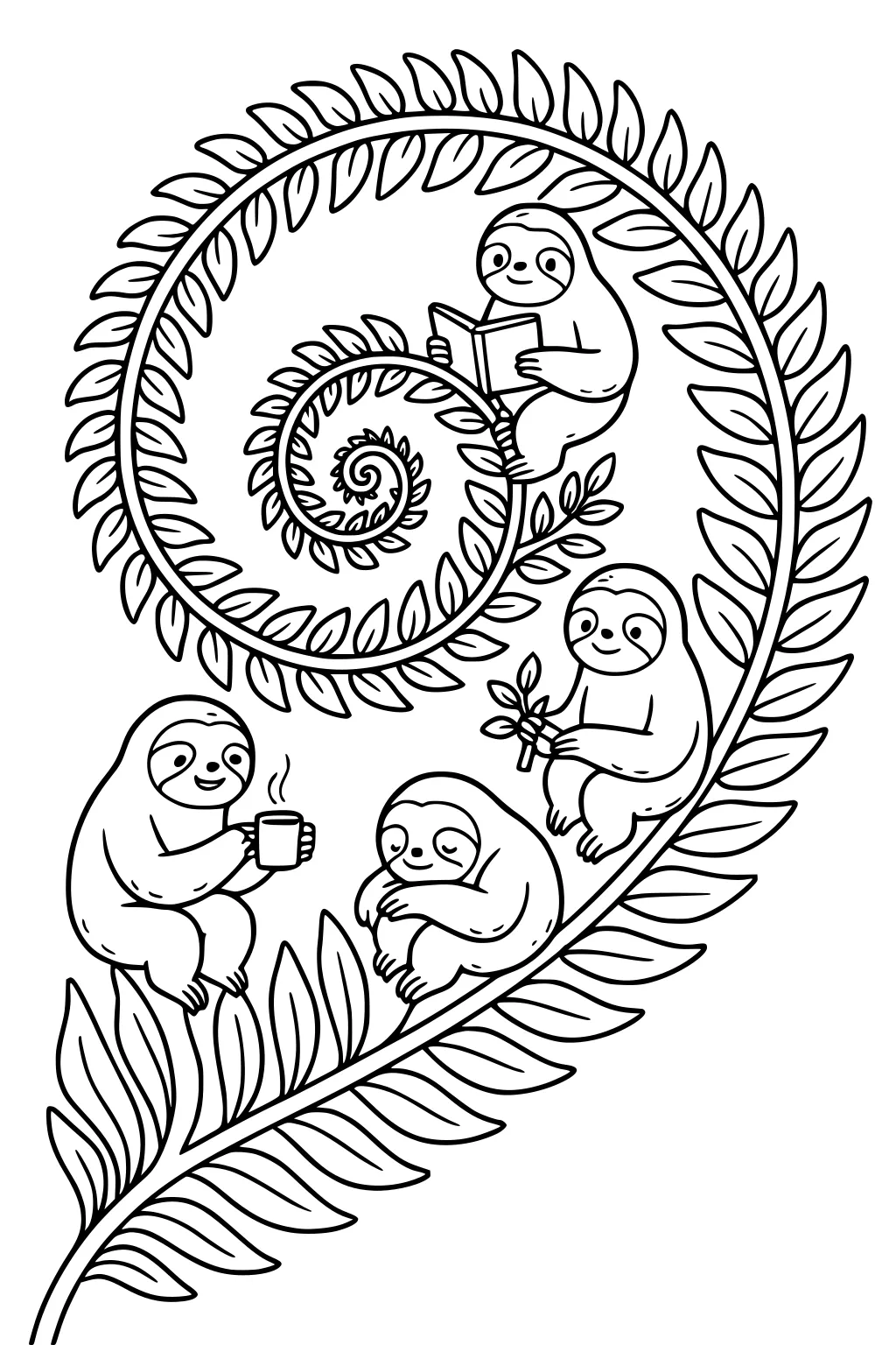 Four sloths sitting along a large spiral fern leaf, each holding a different object, with big leaves filling the background.