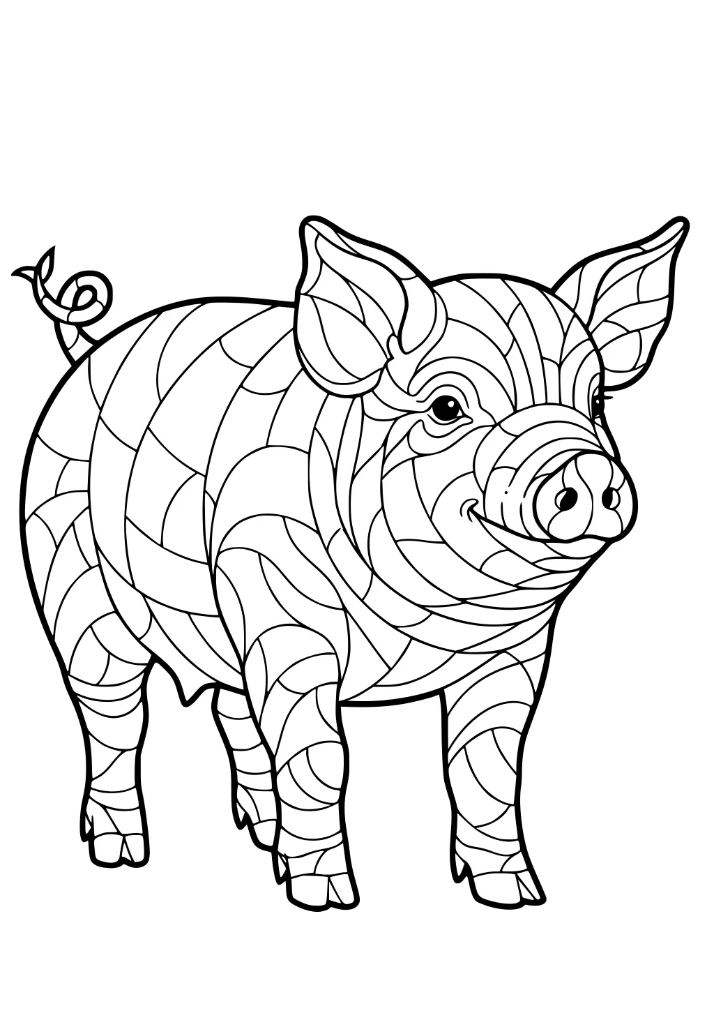 Pig with swirly patches, big ears, curly tail, and four hooves, outlined with curved lines for coloring.