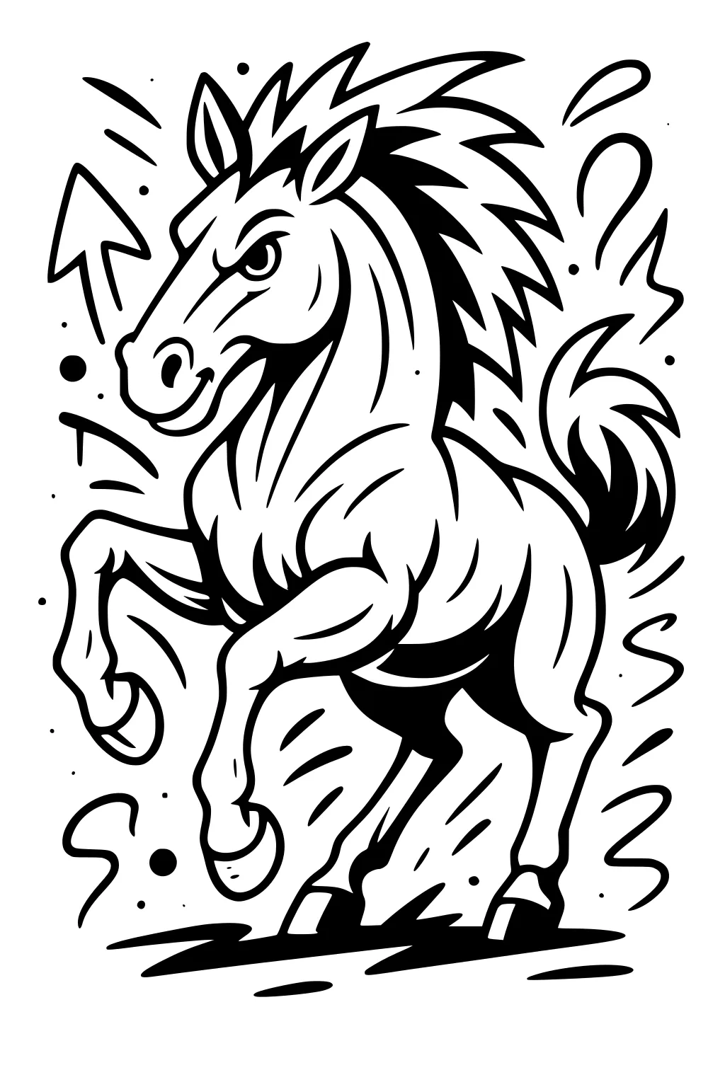 A rearing horse with a spiky mane and tail, bold outlines, and swirling shapes in the background.