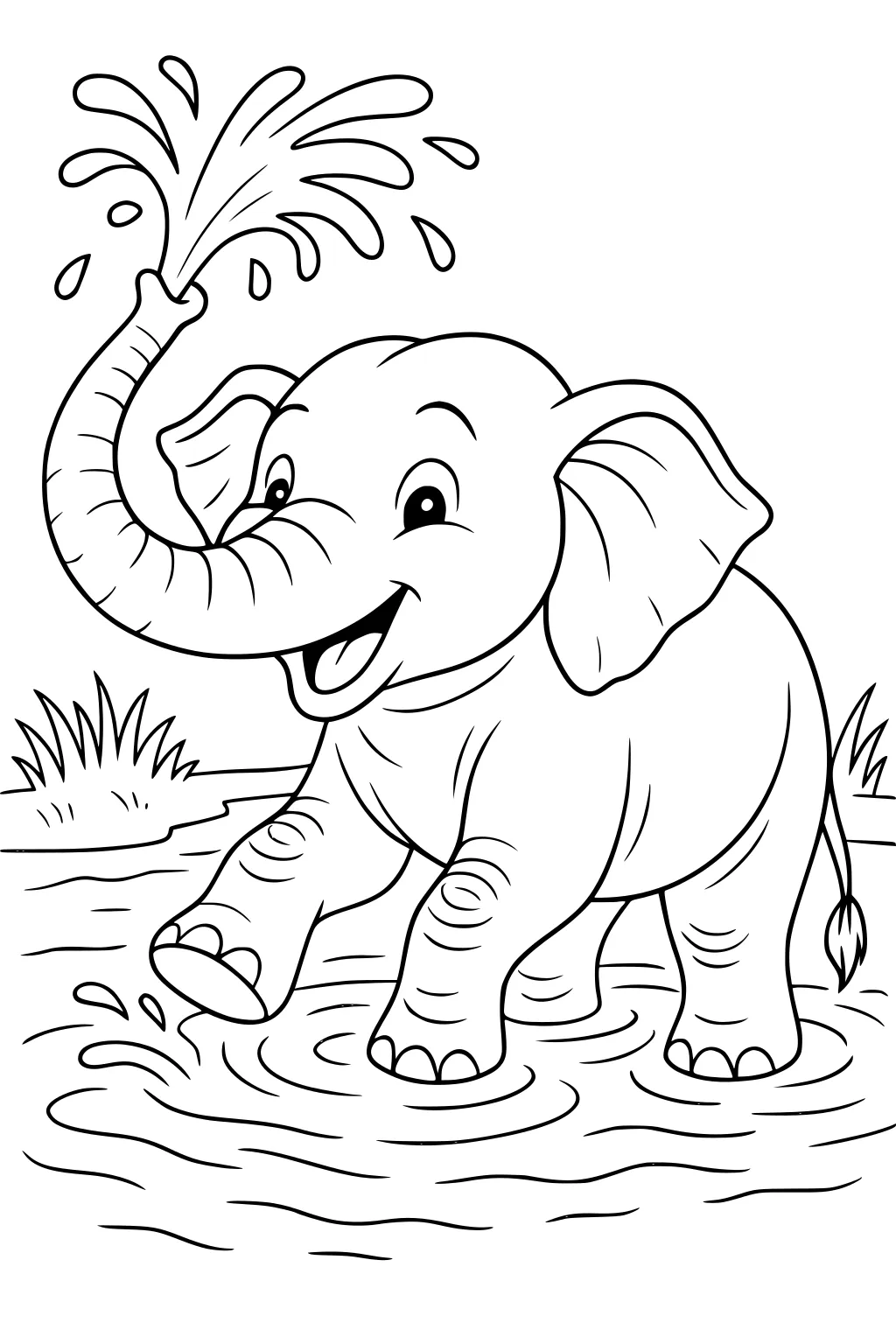 Cartoon elephant spraying water with its trunk while standing in a pond. Grass and water ripples around its feet.