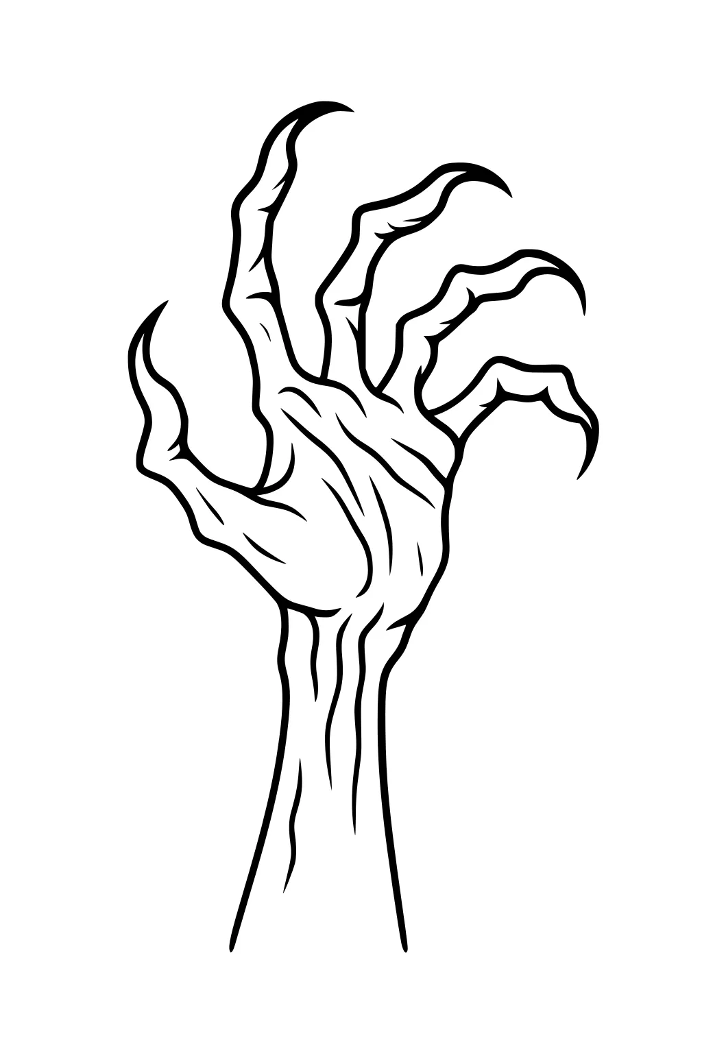 Gnarled monster hand with five bent claws and wrinkled skin, reaching upward on a blank background.