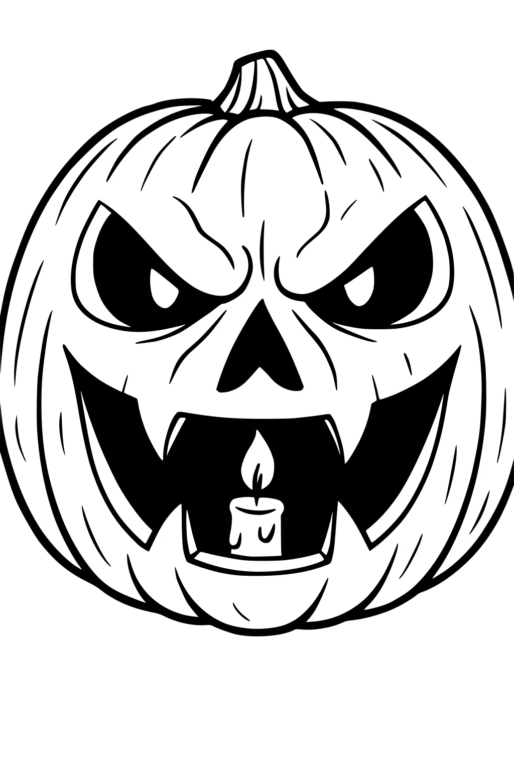 Jack-o'-lantern pumpkin with slanted eyes, triangle nose, wide mouth, and a small candle inside, in bold black outlines.