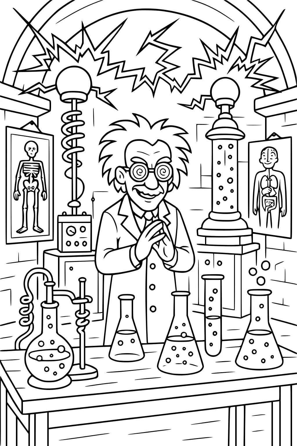 Mad scientist with round glasses in lab, lightning between coils, bubbling beakers on table, brick walls, skeleton and anatomy posters.
