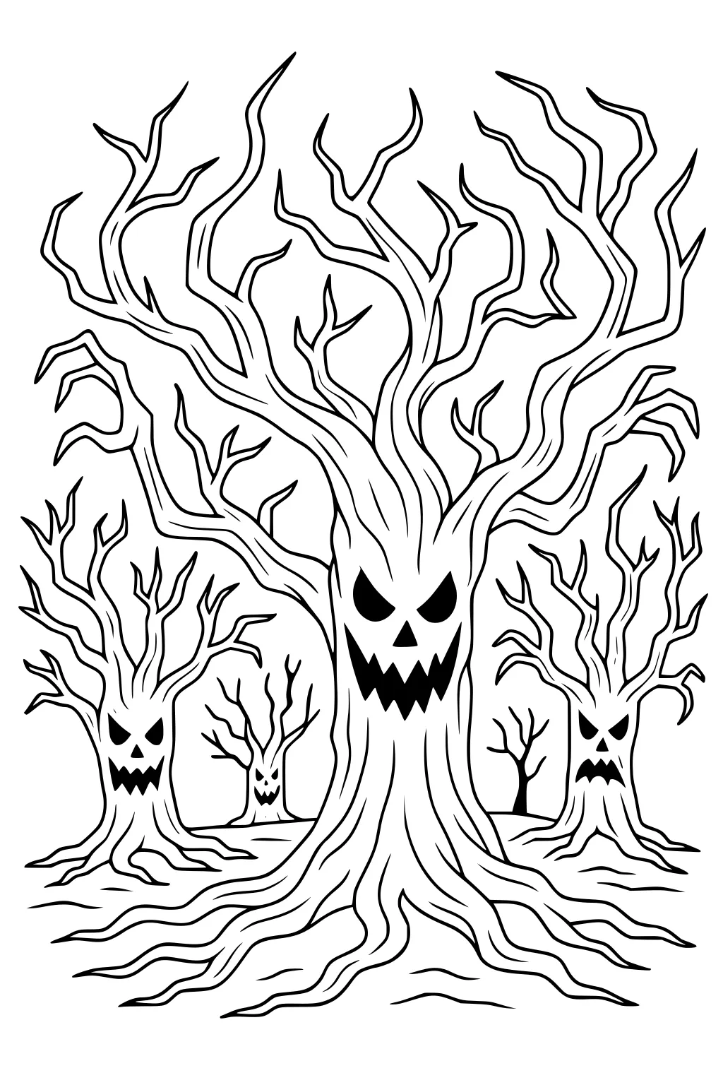 Leafless haunted trees with jack-o-lantern faces, twisting branches, and wide roots; large center tree with smaller grim trees behind.