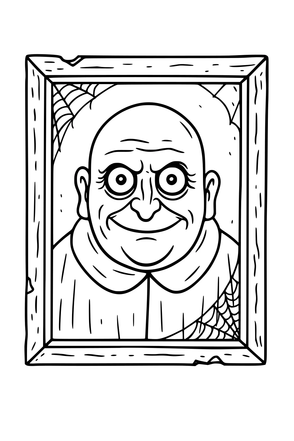 Smiling bald man with wide eyes in a wooden frame, cobwebs in corners, wearing a collared robe; Halloween line art.