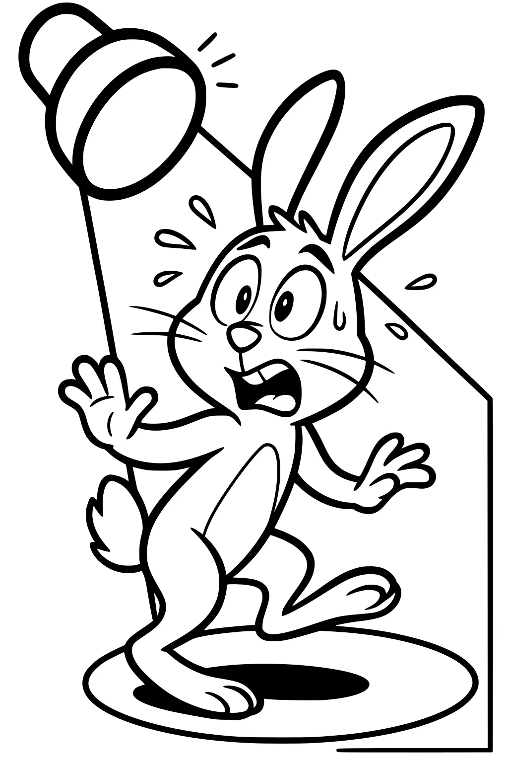 Cartoon rabbit standing under a spotlight with sweat drops and a surprised expression, paws raised in the air.