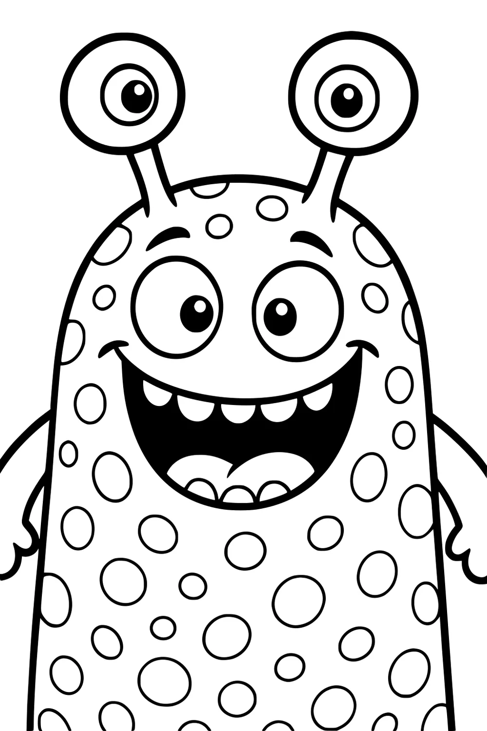 Smiling spotted monster with two eye stalks, big round eyes, open mouth with teeth, and small arms; simple cartoon outline.