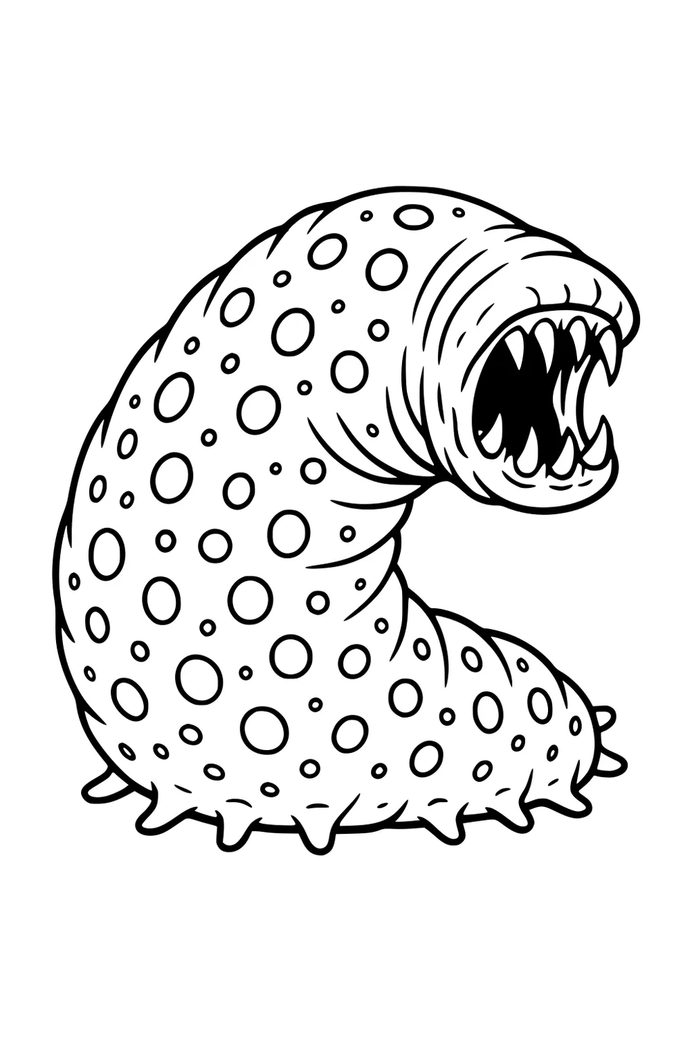 Worm-shaped sea monster with round spots, open mouth of sharp teeth, curved body, tiny leg nubs, bold outline, no background.