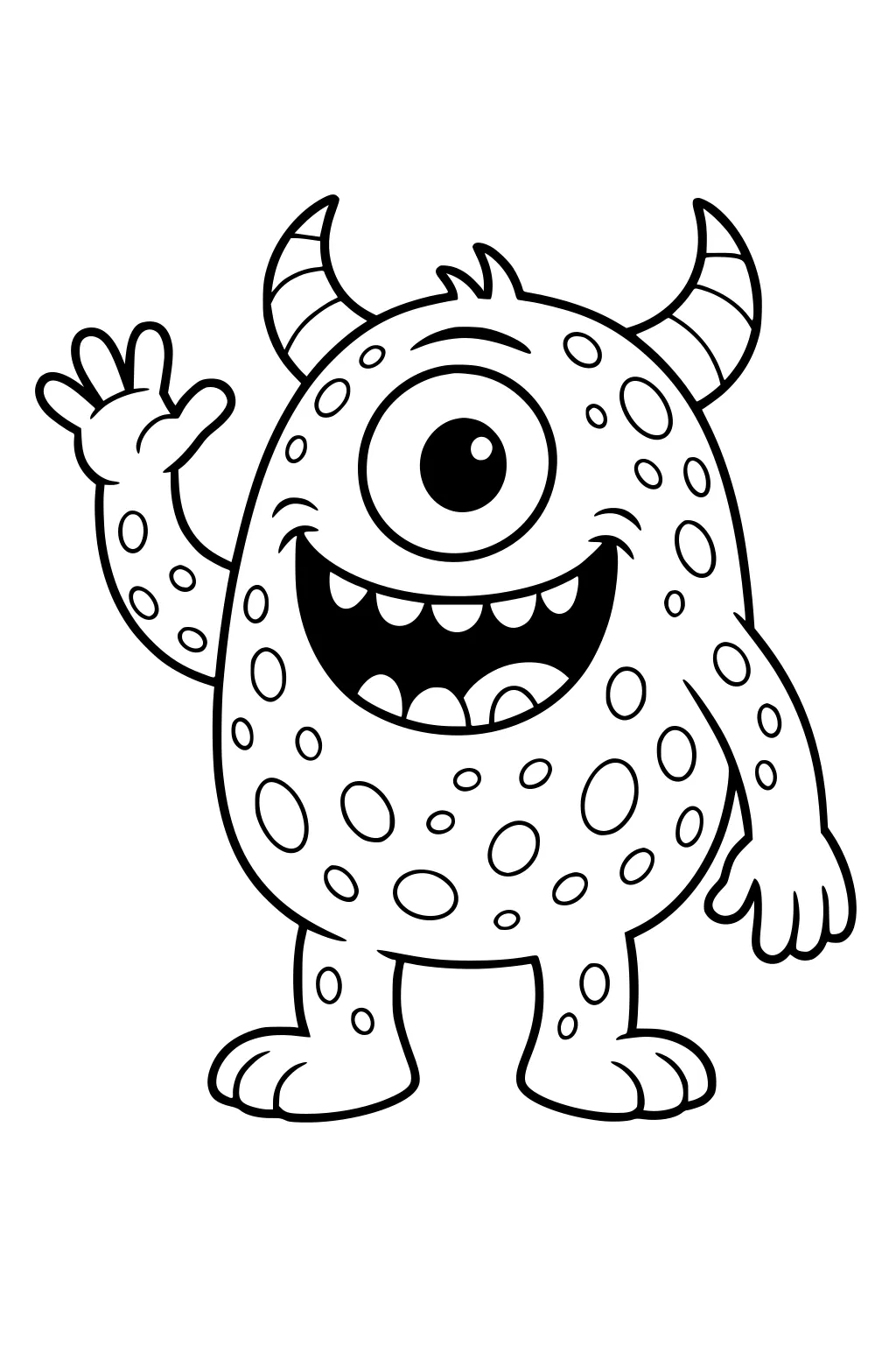 One-eyed cartoon monster with striped horns and polka dots, waving with a big smile; simple outline, standing on two feet.