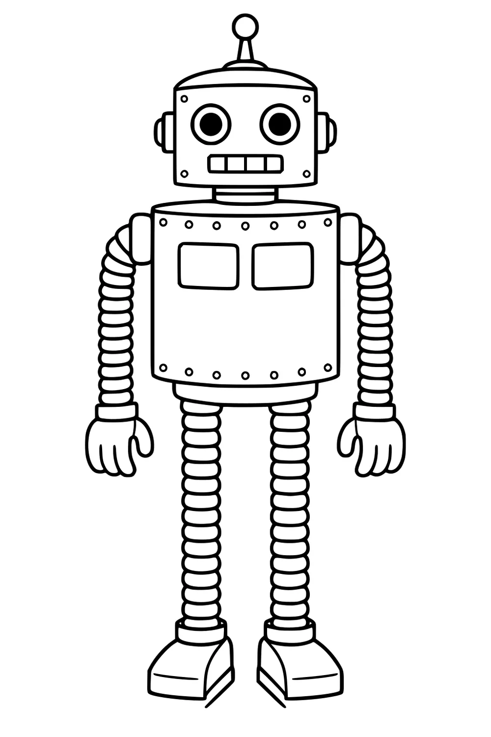 Cartoon robot with round head, antenna, big eyes, riveted box body, spring arms, spring legs, mitten hands, and chunky boots.