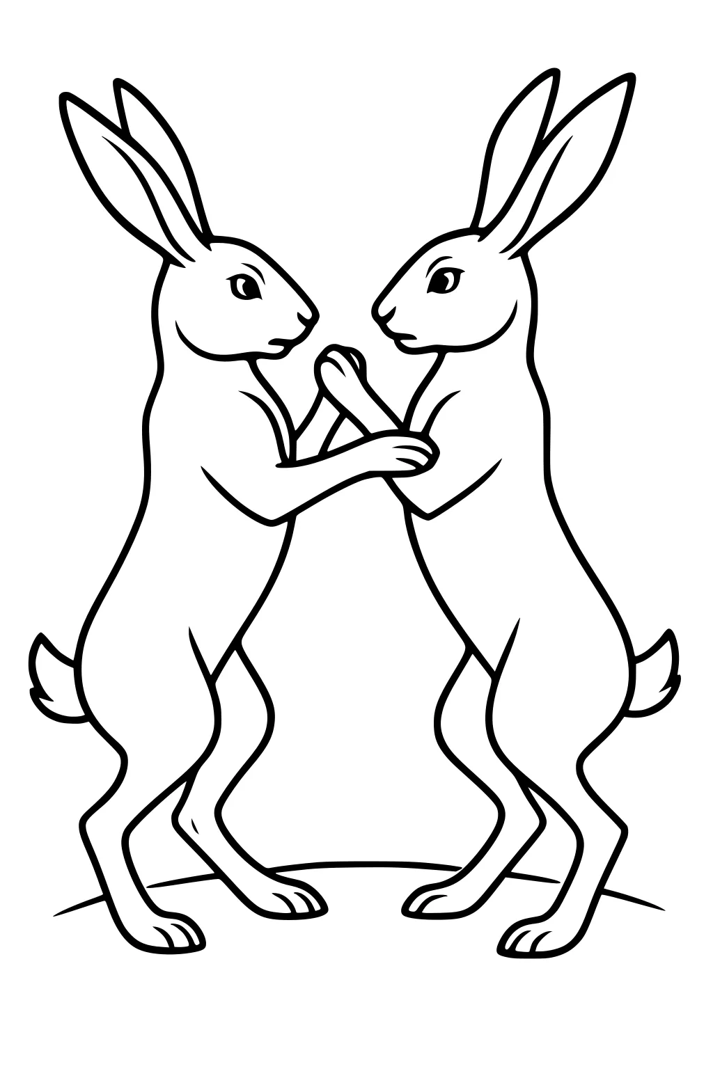 Two hares standing upright facing each other with front paws up, as if playfully boxing or dancing.