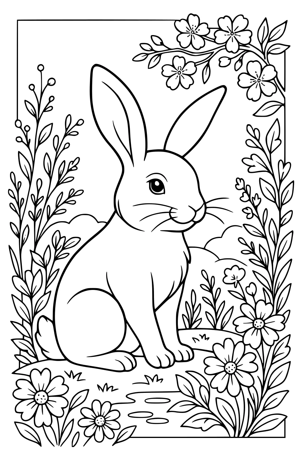 Rabbit sitting in a flower-filled meadow with leafy plants and a branch of blossoms under clouds.