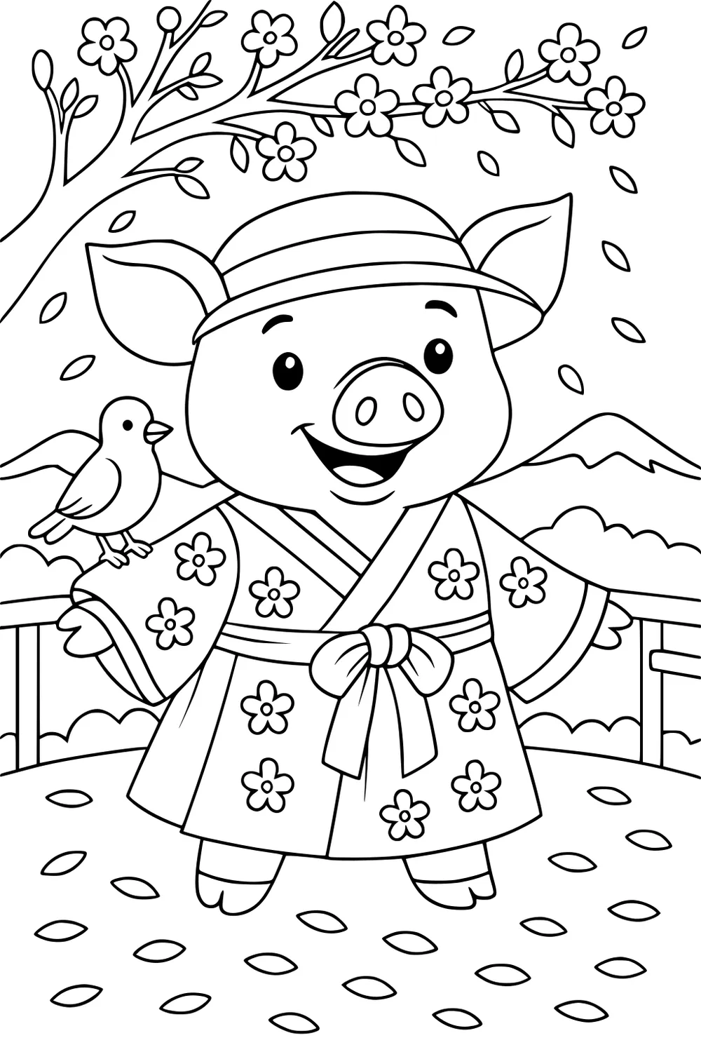 Piglet in a flower kimono and hat stands on a garden path with a bird, under a blossoming tree and mountains in the background.