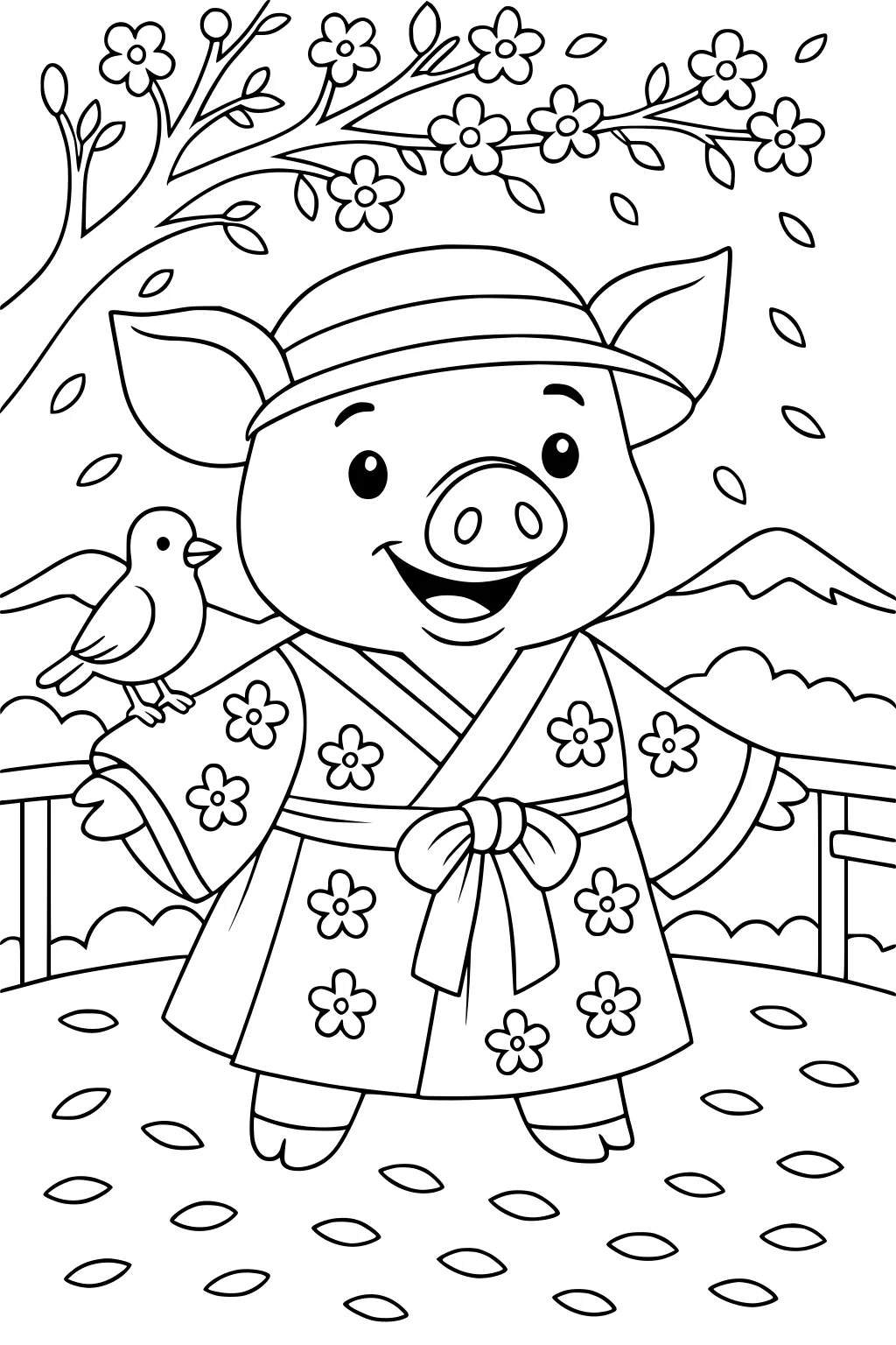 Piglet in a flower kimono and hat stands on a garden path with a bird, under a blossoming tree and mountains in the background.