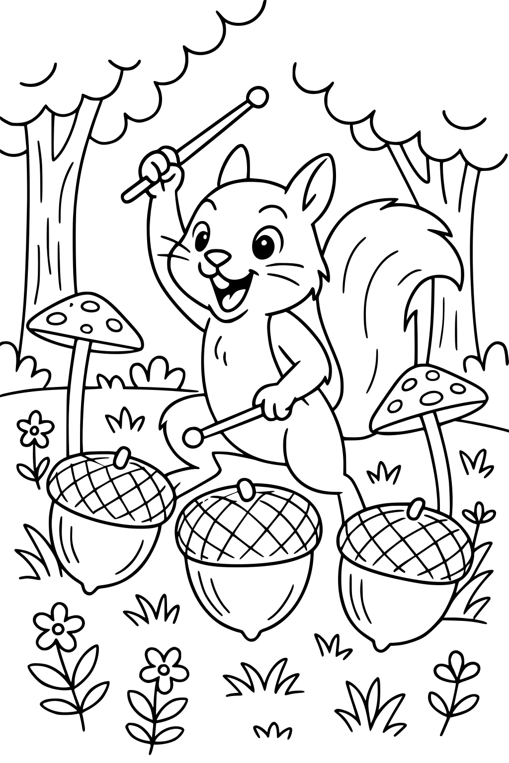 Squirrel drumming on three large acorns with sticks in a forest clearing, surrounded by mushrooms and flowers.