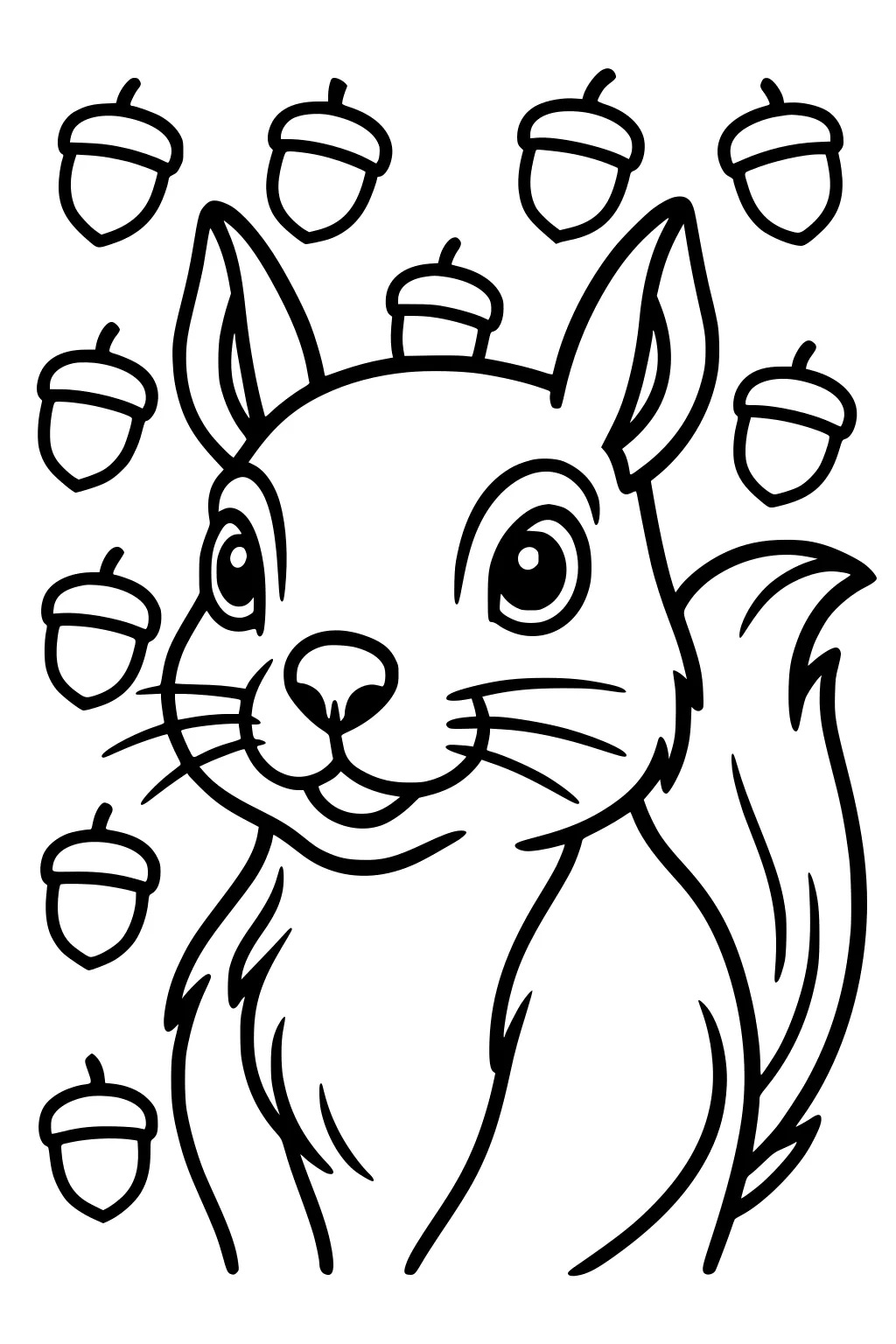 Friendly squirrel with big eyes and fluffy tail surrounded by nine acorns on a blank background.