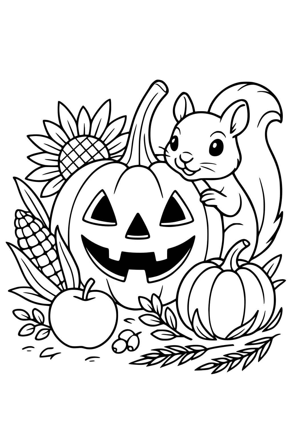 Cartoon squirrel with bushy tail hugging a jack-o-lantern pumpkin, sunflower, corn, apple, leaves, and pumpkins.