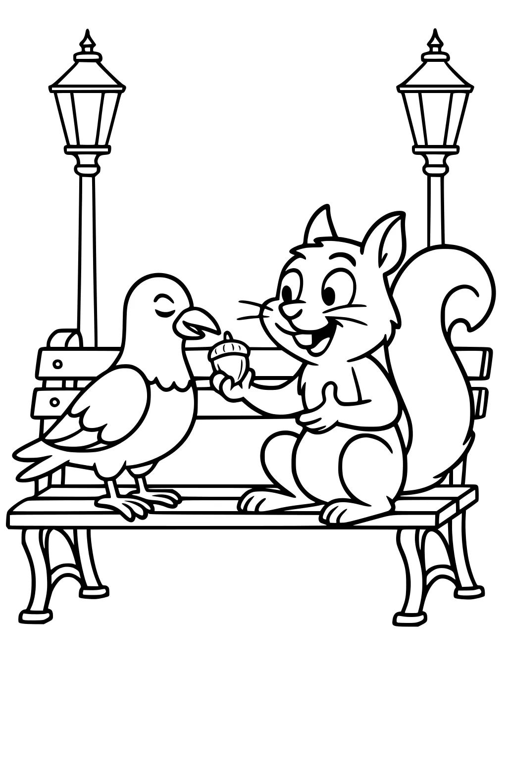 Squirrel offering an acorn to a pigeon on a bench with two street lamps in background.