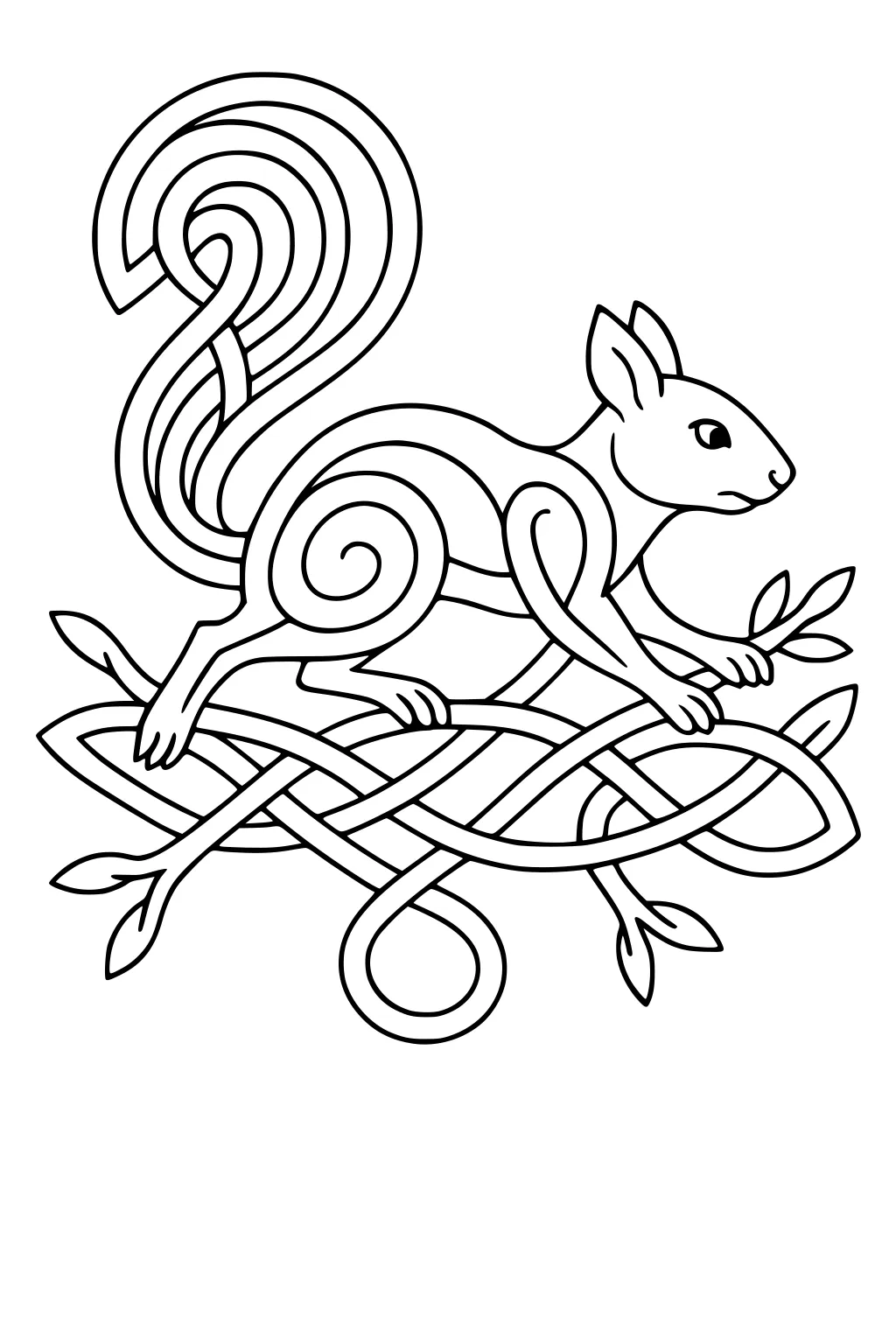 Squirrel with spiraled tail walking on woven branches with leaves, outlined in a bold cartoon style.