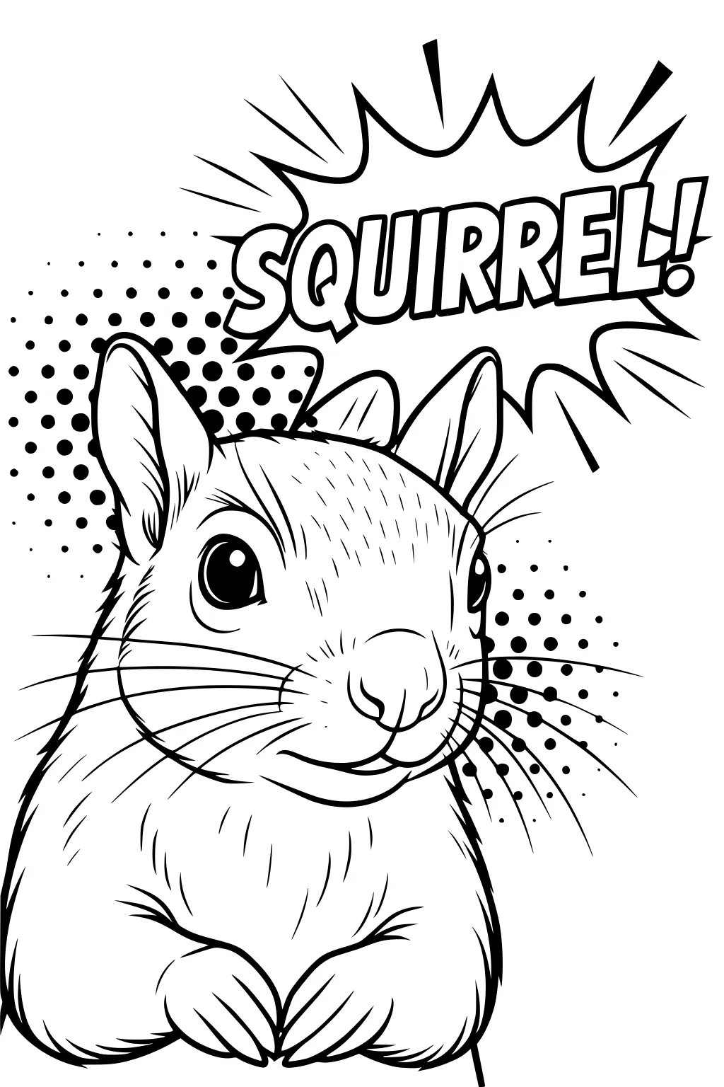 Big-eyed squirrel with upright ears and paws near face, comic pop art burst and word SQUIRREL! above her head.