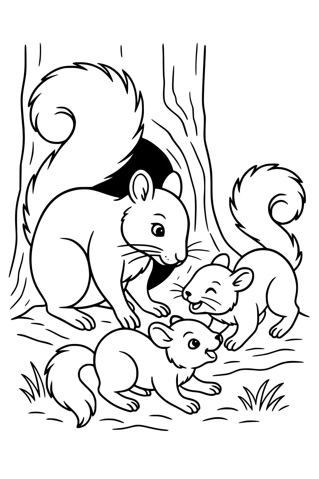 Three squirrels near a tree, with one large adult and two playful baby squirrels standing on the ground.