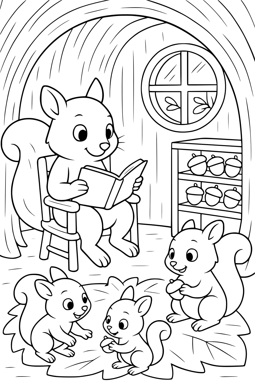 Mother squirrel reads book to three young squirrels in treehouse, with window and shelf holding several acorns.