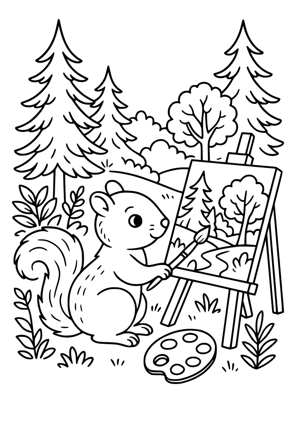 Squirrel painting a landscape on an easel in a forest with trees, grass, and a paint palette nearby.