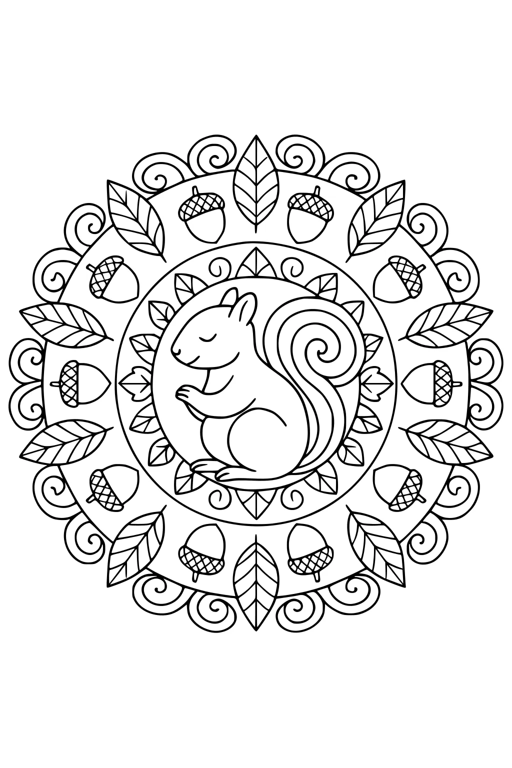 Cartoon squirrel with a curly tail sitting inside a round mandala of leaves and acorns.