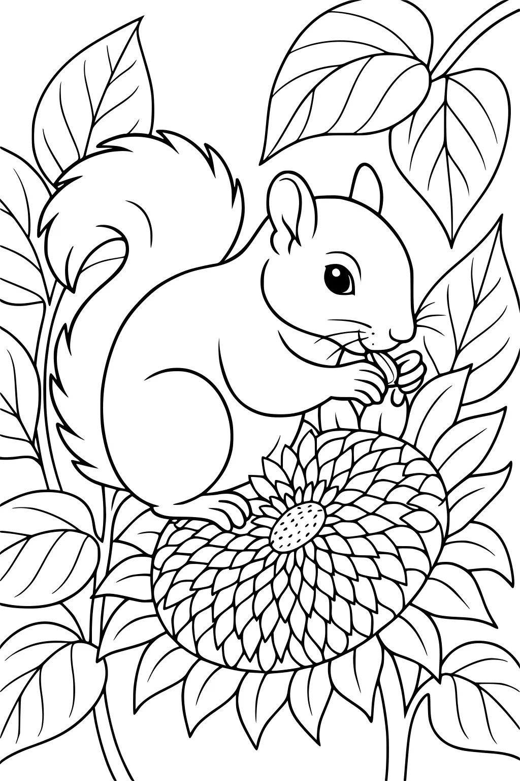 Squirrel holding a nut while sitting on a sunflower, surrounded by detailed leaves and stems.