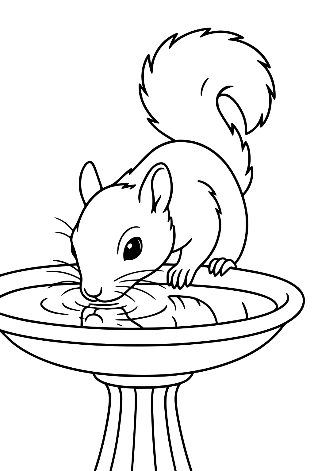 A squirrel with a large tail drinks from a round birdbath, creating ripples in the water. The birdbath stands on a tall base.