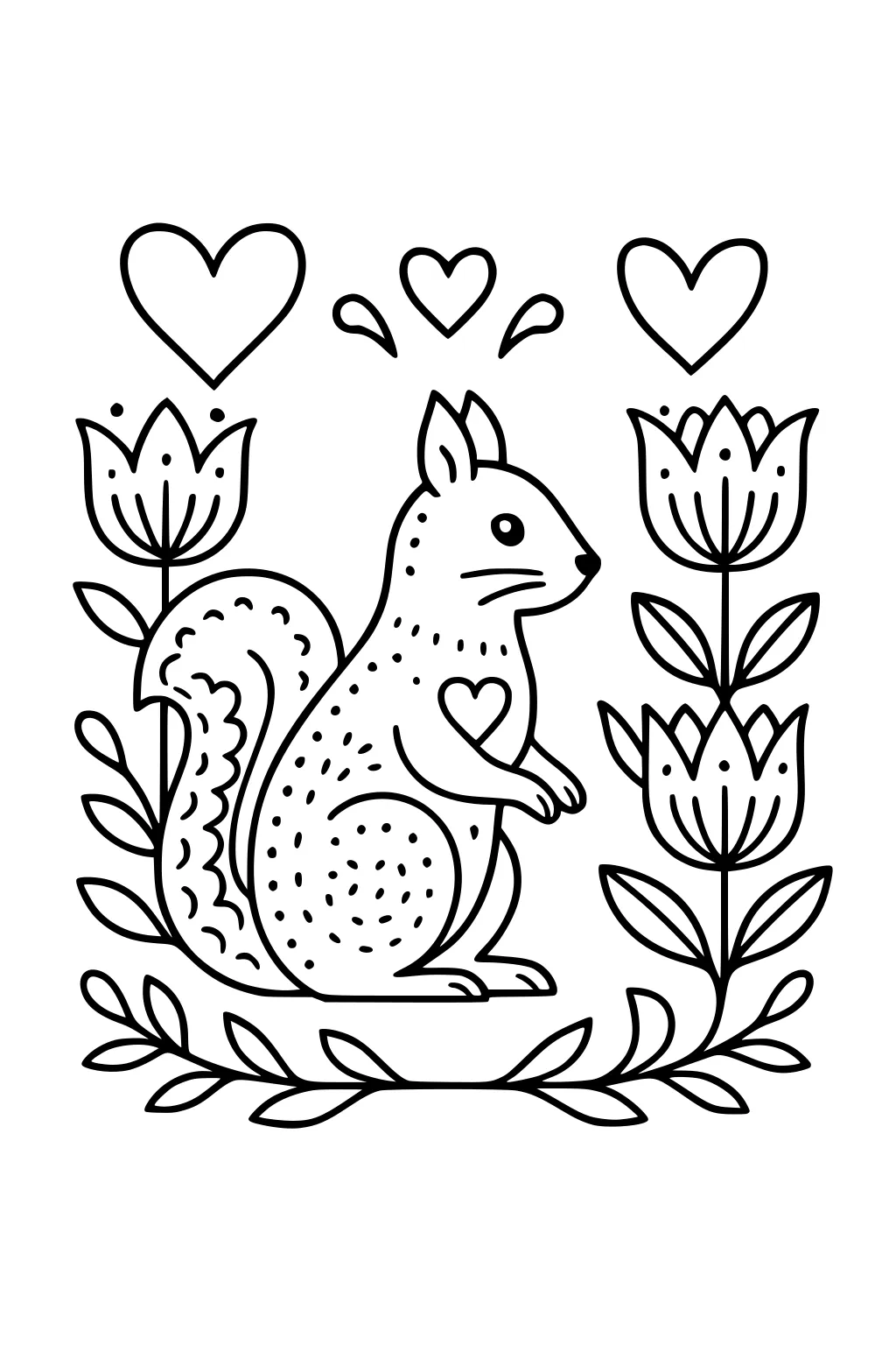 Squirrel sitting between tulips with hearts above and branches below in a simple outlined drawing.
