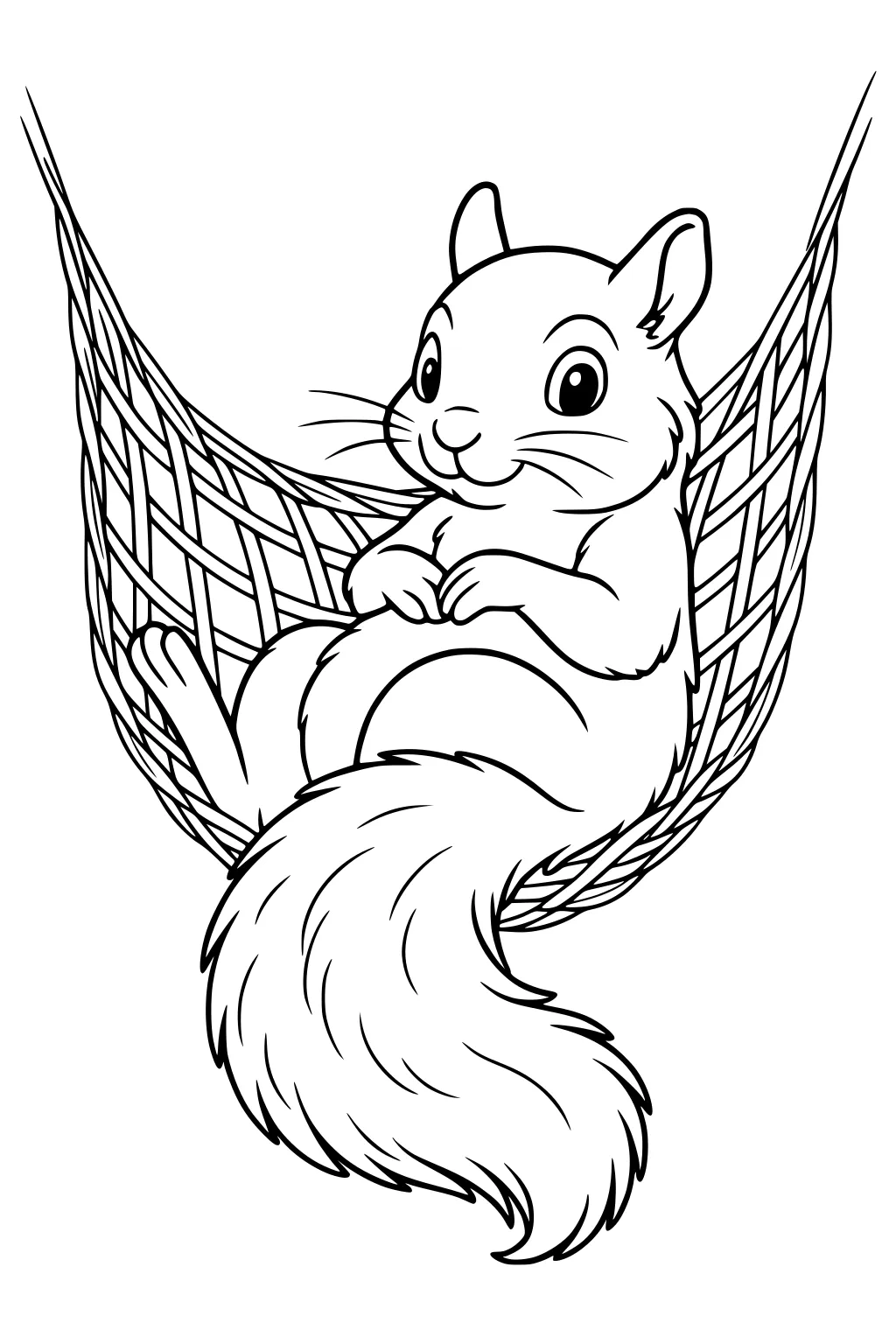 A cartoon squirrel floats on its back in a hammock, tail fluffed over the side, smiling and gazing forward.